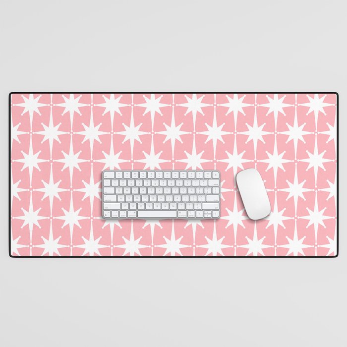 Midcentury Modern Atomic Age Starburst Pattern in White and Pink Desk Mat Gallery Image 1