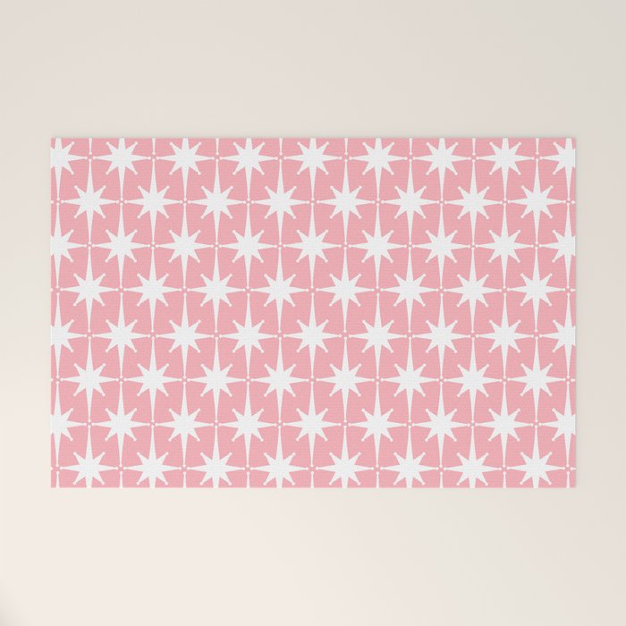 Midcentury Modern Atomic Age Starburst Pattern in White and Pink Welcome Mat Gallery Image 1