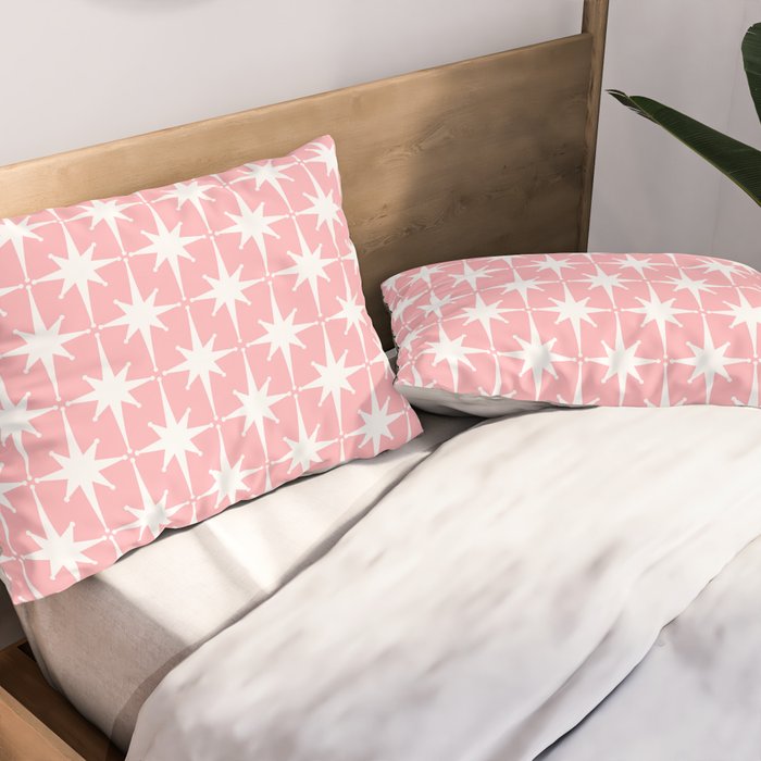 Midcentury Modern Atomic Age Starburst Pattern in White and Pink Pillow Sham Gallery Image 2