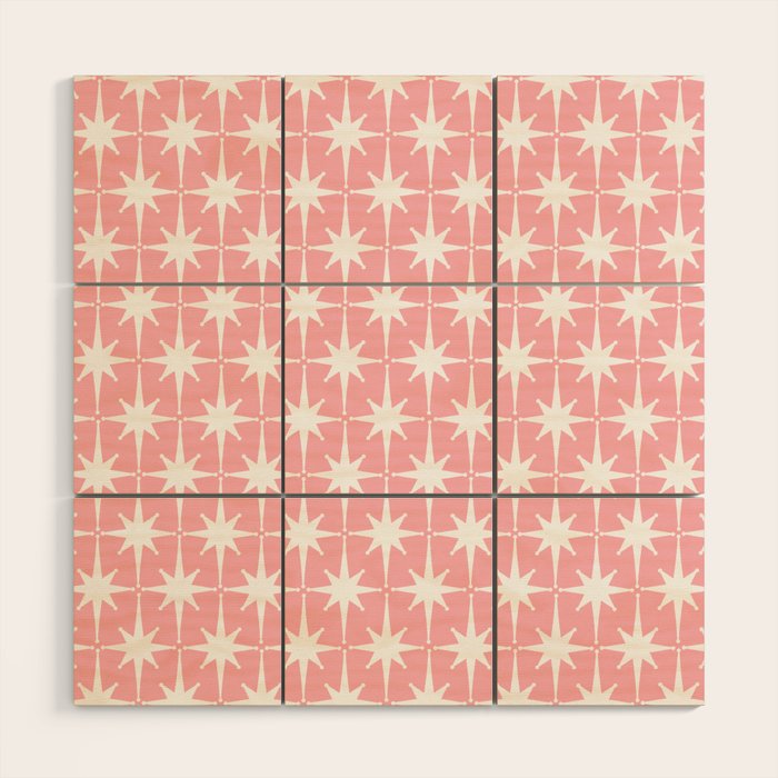 Midcentury Modern Atomic Age Starburst Pattern in White and Pink Wood Wall Art Gallery Image 1