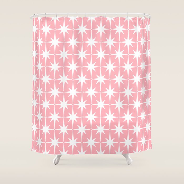 Midcentury Modern Atomic Age Starburst Pattern in White and Pink Shower Curtain Gallery Image 1