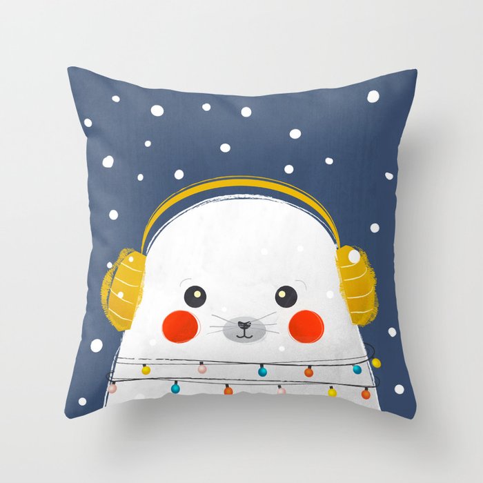 Christmas Baby Seal with fairy lights Throw Pillow Gallery Image 1