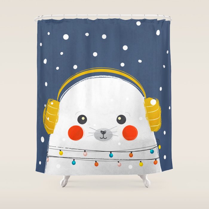 Christmas Baby Seal with fairy lights Shower Curtain Gallery Image 1