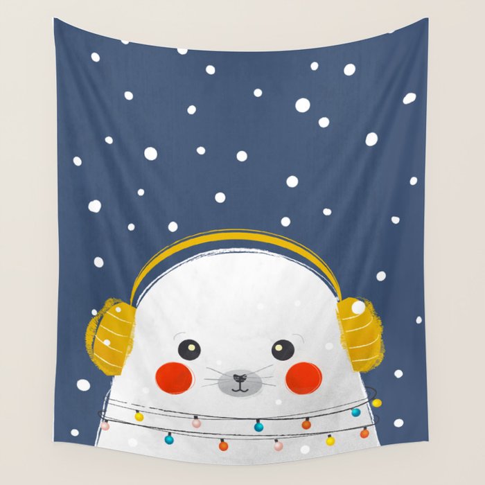Christmas Baby Seal with fairy lights Wall Tapestry Gallery Image 1