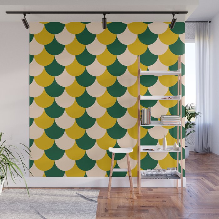 Scale Pattern / Art-deco - Green, Yellow and Cream Wall Mural Gallery Image 1