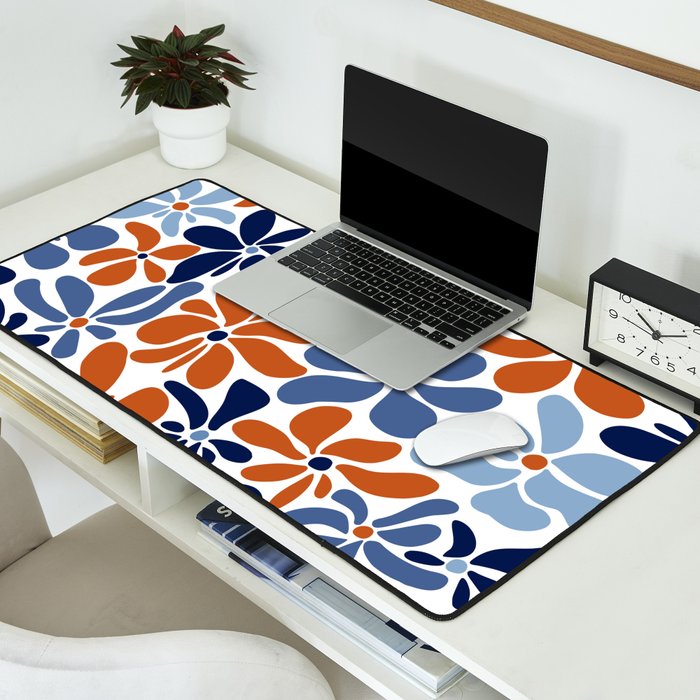 Abstract Flowers, Orange, Blue and White Desk Mat Gallery Image 2