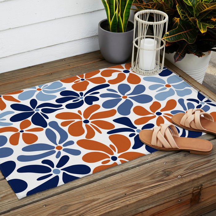 Abstract Flowers, Orange, Blue and White Outdoor Rug Gallery Image 2