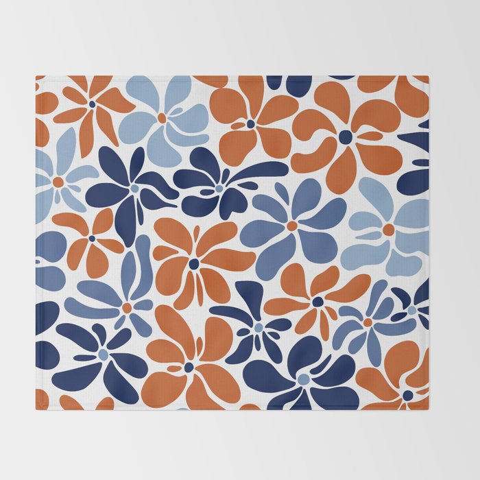 Abstract Flowers, Orange, Blue and White Throw Blanket Gallery Image 2