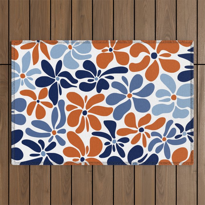 Abstract Flowers, Orange, Blue and White Outdoor Rug Gallery Image 1