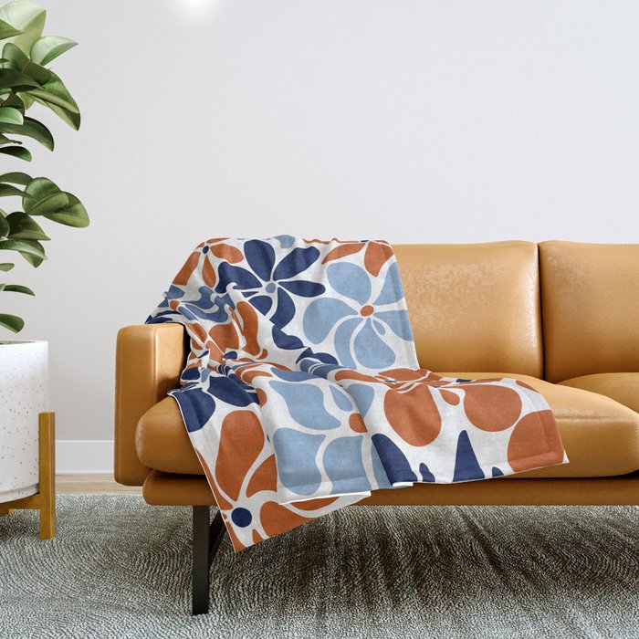 Abstract Flowers, Orange, Blue and White Throw Blanket Gallery Image 1