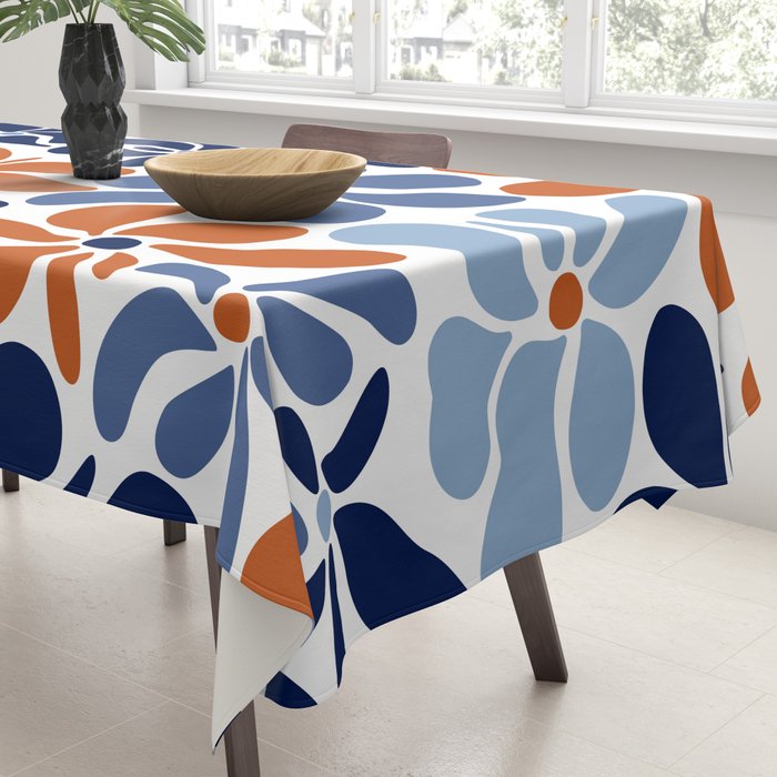 Abstract Flowers, Orange, Blue and White Tablecloth Gallery Image 3