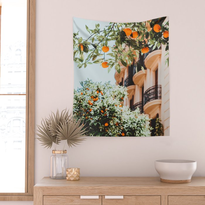 Orange Tree Fruits Print, Barcelona Spain Print, Orange Fruits Wall Art Print, Urban Photography, Tropical Summer Print Wall Tapestry Gallery Image 2