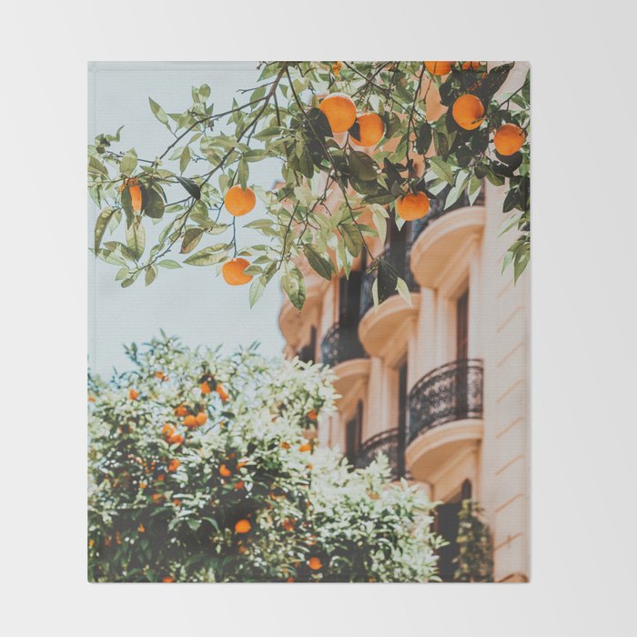 Orange Tree Fruits Print, Barcelona Spain Print, Orange Fruits Wall Art Print, Urban Photography, Tropical Summer Print Throw Blanket Gallery Image 2