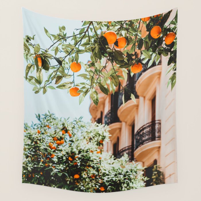 Orange Tree Fruits Print, Barcelona Spain Print, Orange Fruits Wall Art Print, Urban Photography, Tropical Summer Print Wall Tapestry Gallery Image 4