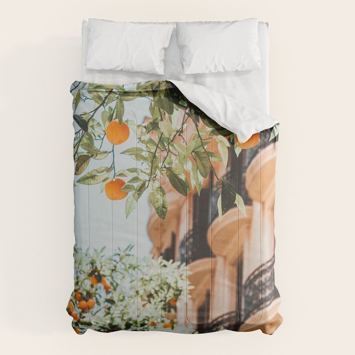 Orange Tree Fruits Print, Barcelona Spain Print, Orange Fruits Wall Art Print, Urban Photography, Tropical Summer Print Comforter Gallery Image 6