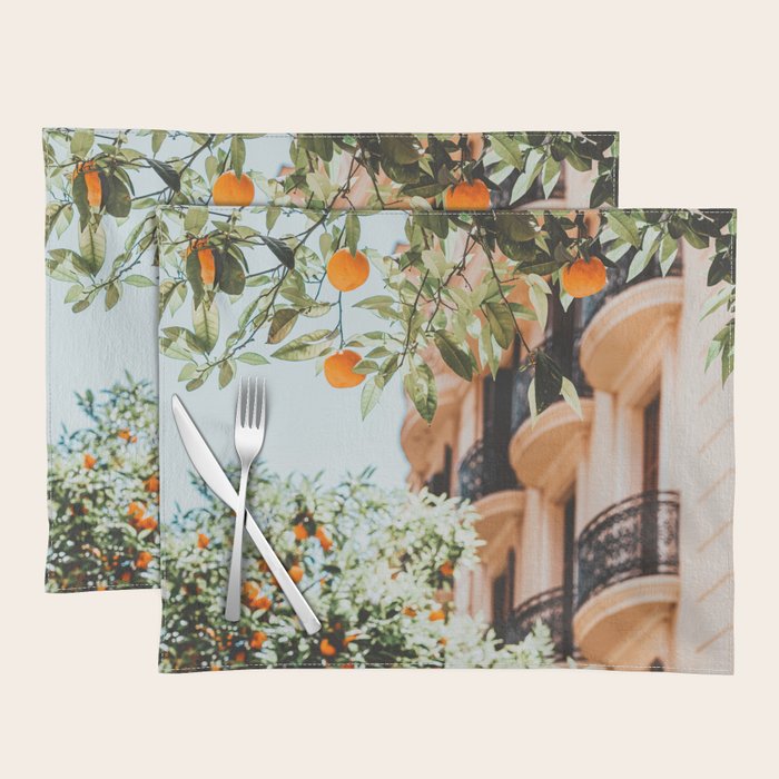 Orange Tree Fruits Print, Barcelona Spain Print, Orange Fruits Wall Art Print, Urban Photography, Tropical Summer Print Placemat Gallery Image 1