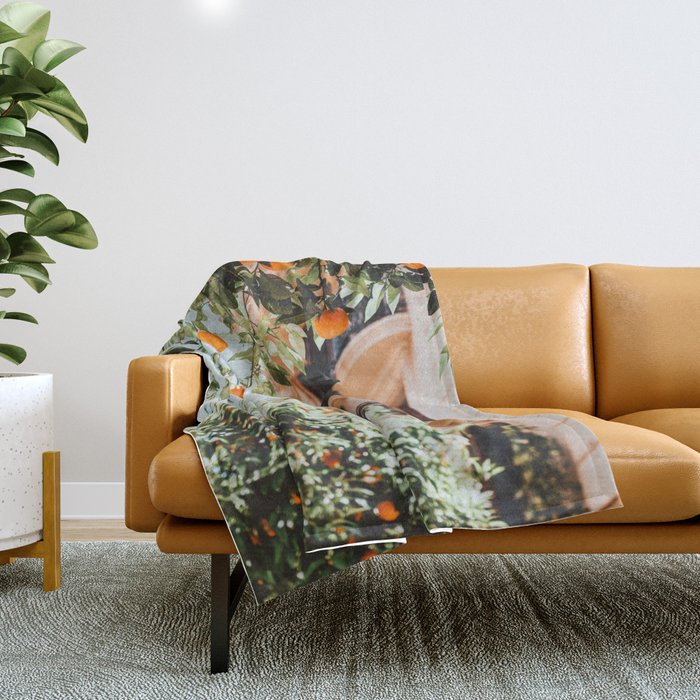 Orange Tree Fruits Print, Barcelona Spain Print, Orange Fruits Wall Art Print, Urban Photography, Tropical Summer Print Throw Blanket Gallery Image 1