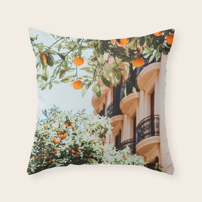 Orange Tree Fruits Print, Barcelona Spain Print, Orange Fruits Wall Art Print, Urban Photography, Tropical Summer Print Throw Pillow Gallery Image 1