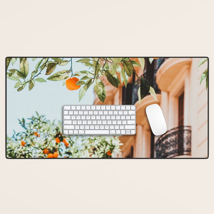 Orange Tree Fruits Print, Barcelona Spain Print, Orange Fruits Wall Art Print, Urban Photography, Tropical Summer Print Desk Mat Gallery Image 1