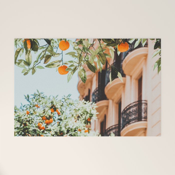 Orange Tree Fruits Print, Barcelona Spain Print, Orange Fruits Wall Art Print, Urban Photography, Tropical Summer Print Welcome Mat Gallery Image 1
