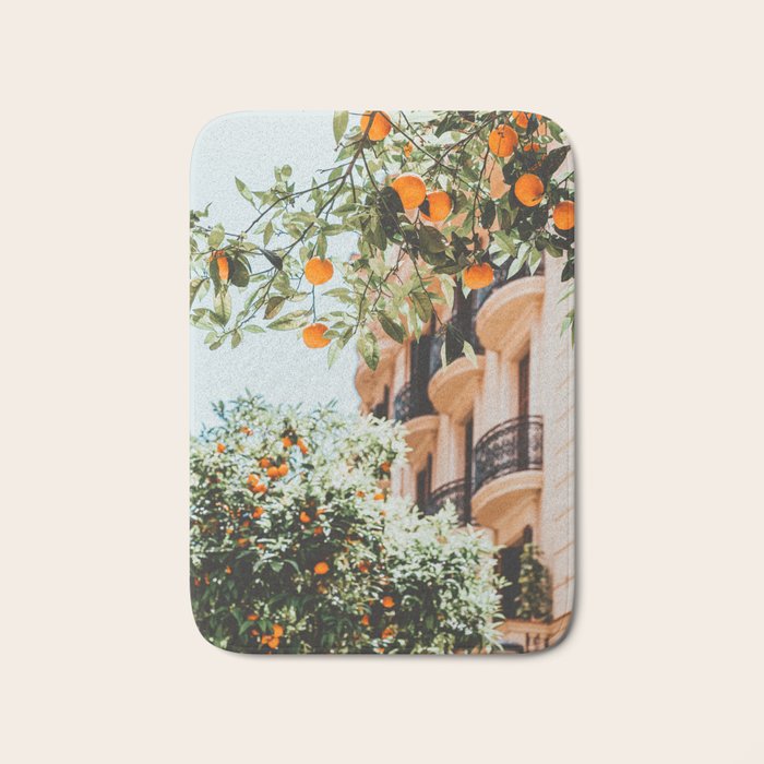 Orange Tree Fruits Print, Barcelona Spain Print, Orange Fruits Wall Art Print, Urban Photography, Tropical Summer Print Bath Mat Gallery Image 1