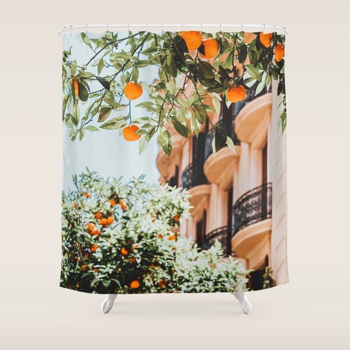Orange Tree Fruits Print, Barcelona Spain Print, Orange Fruits Wall Art Print, Urban Photography, Tropical Summer Print Shower Curtain Gallery Image 1
