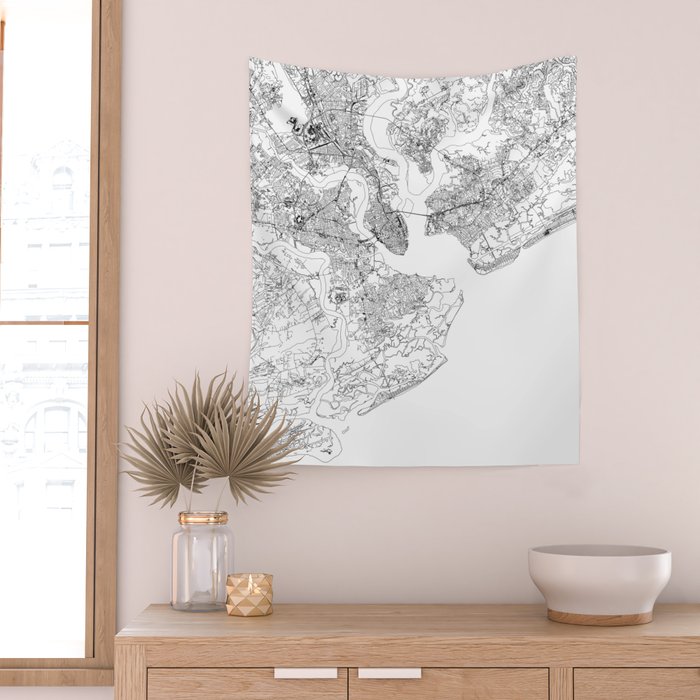 Charleston White Map Wall Tapestry Gallery Image 2
