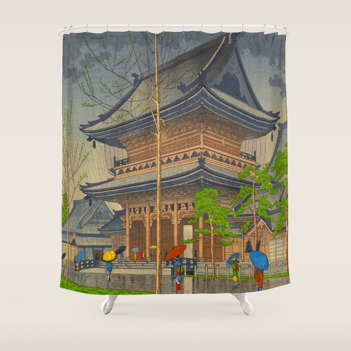 Rain in Higashi-Honganji Temple, Kyoto Asano Takeji Japanese Woodblock Print Shower Curtain Gallery Image 1
