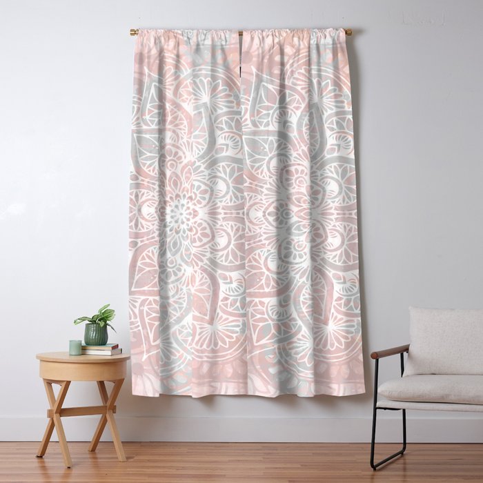 Mandala, Yoga, Love, Coral and Gray, Wall Art Boho Window Curtain Gallery Image 1