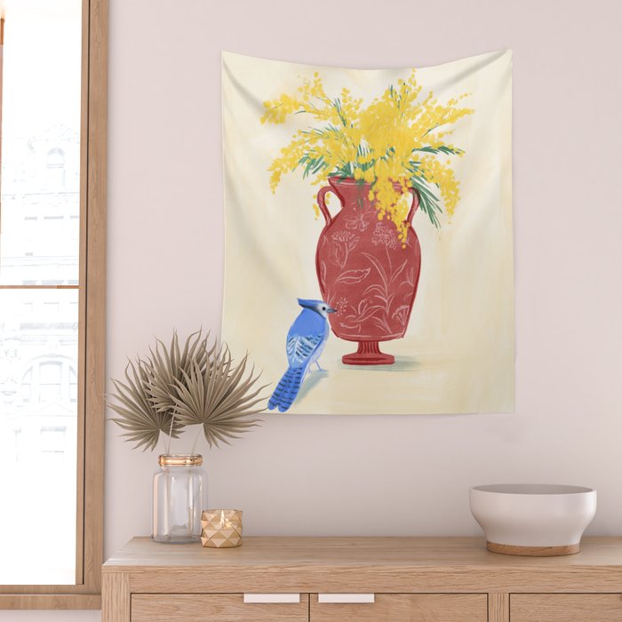 Mimosa and Blue Jay Wall Tapestry Gallery Image 2