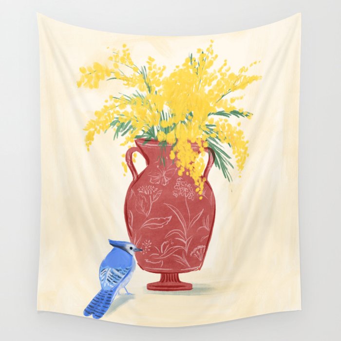 Mimosa and Blue Jay Wall Tapestry Gallery Image 4