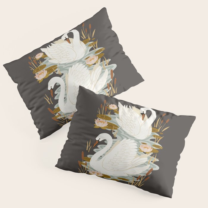 Swan Dance - Charcoal Black Background Pillow Sham Gallery Image 1