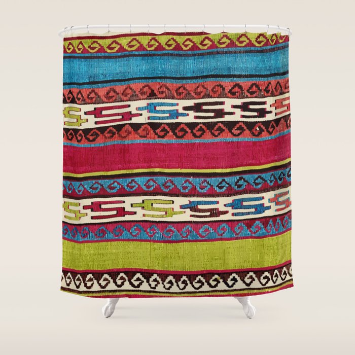 Turkish Antique Kilim Print with Horizontal Stripes  Shower Curtain Gallery Image 1