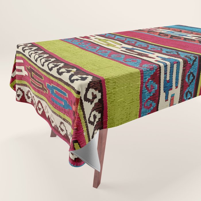 Turkish Antique Kilim Print with Horizontal Stripes  Tablecloth Gallery Image 1