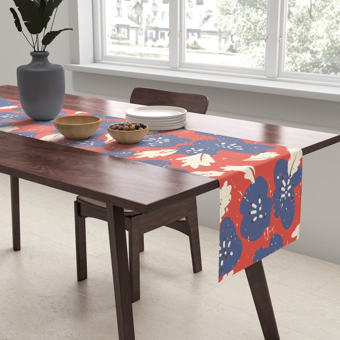 Bold flowers in my garden denim blue red Table Runner Gallery Image 2