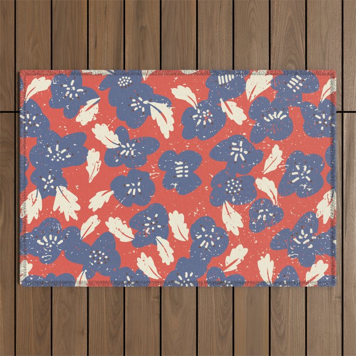 Bold flowers in my garden denim blue red Outdoor Rug Gallery Image 1