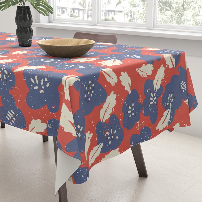 Bold flowers in my garden denim blue red Tablecloth Gallery Image 3