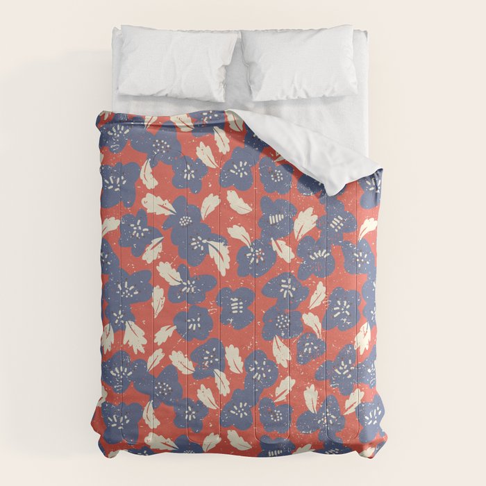 Bold flowers in my garden denim blue red Comforter Gallery Image 6