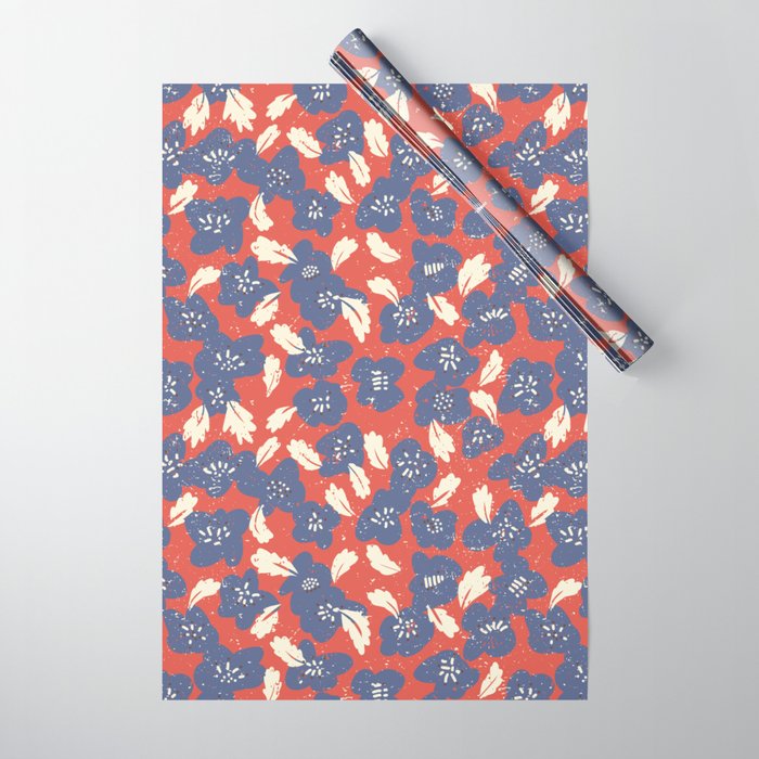 Bold flowers in my garden denim blue red Wrapping Paper Gallery Image 1