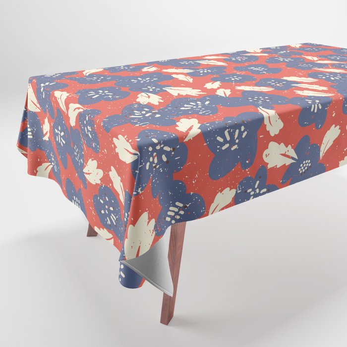 Bold flowers in my garden denim blue red Tablecloth Gallery Image 1