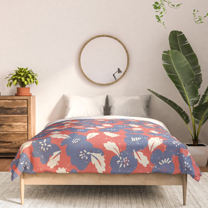 Bold flowers in my garden denim blue red Comforter Gallery Image 3