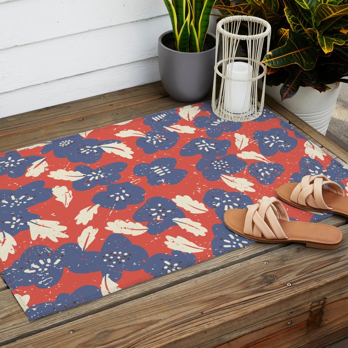 Bold flowers in my garden denim blue red Outdoor Rug Gallery Image 2
