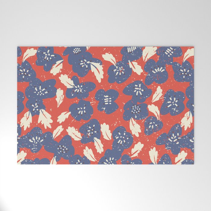 Bold flowers in my garden denim blue red Welcome Mat Gallery Image 1