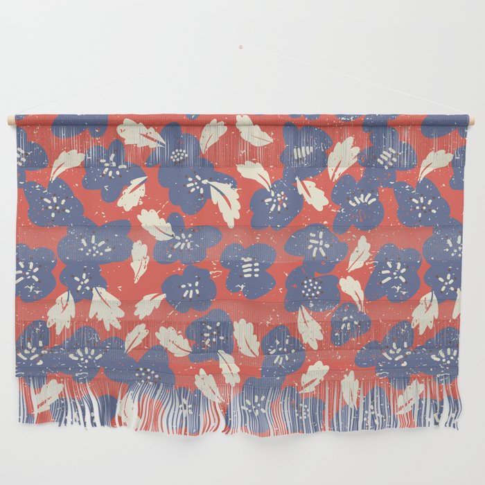 Bold flowers in my garden denim blue red Wall Hanging Gallery Image 1