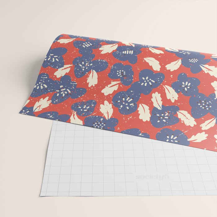 Bold flowers in my garden denim blue red Wrapping Paper Gallery Image 2