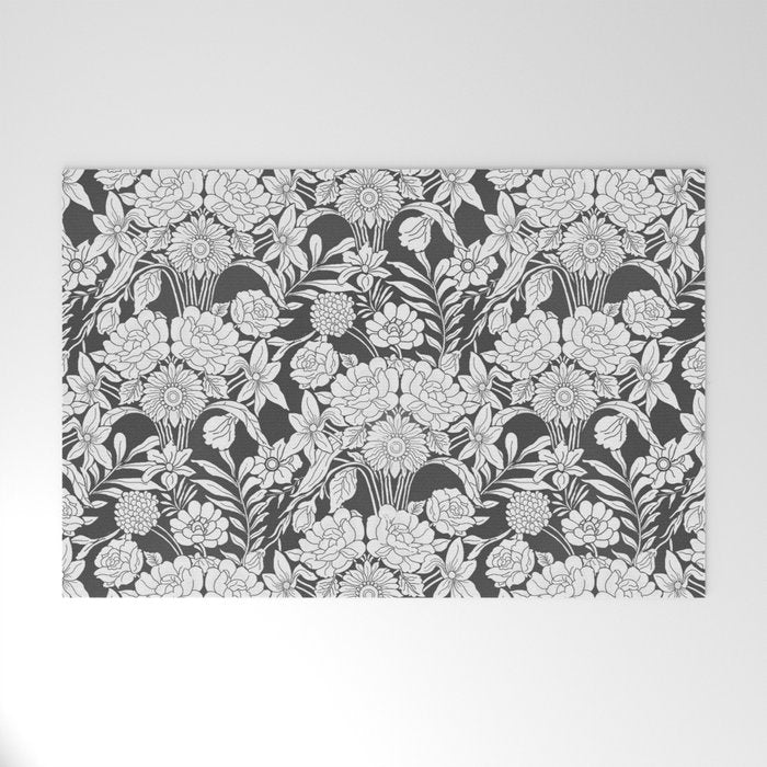 Vintage bohemian black white roses country floral Welcome Mat Gallery Image 1