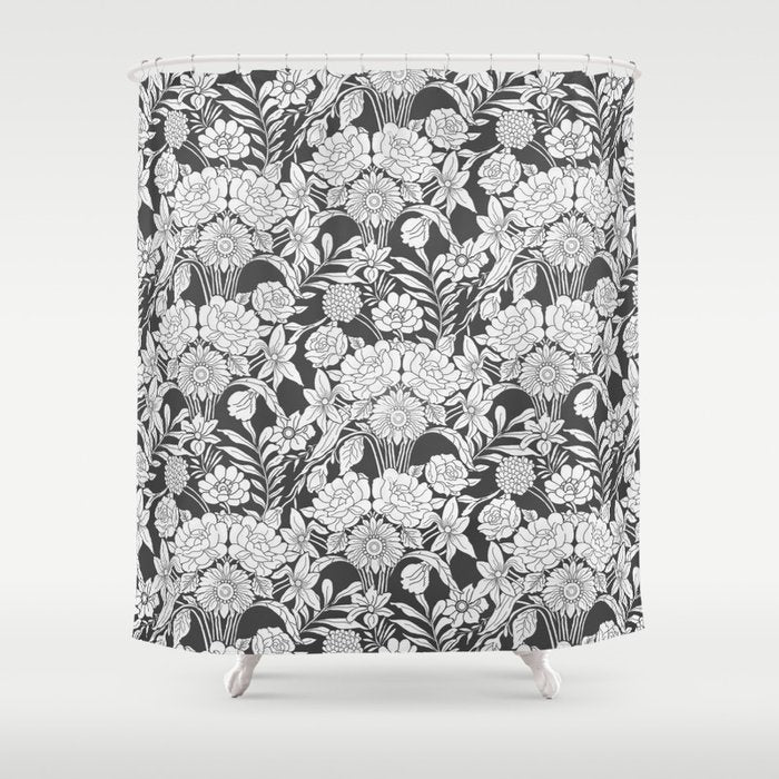 Vintage bohemian black white roses country floral Shower Curtain Gallery Image 1