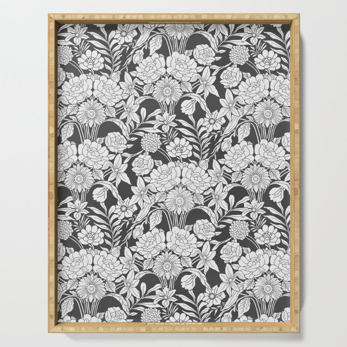 Vintage bohemian black white roses country floral Serving Tray Gallery Image 1
