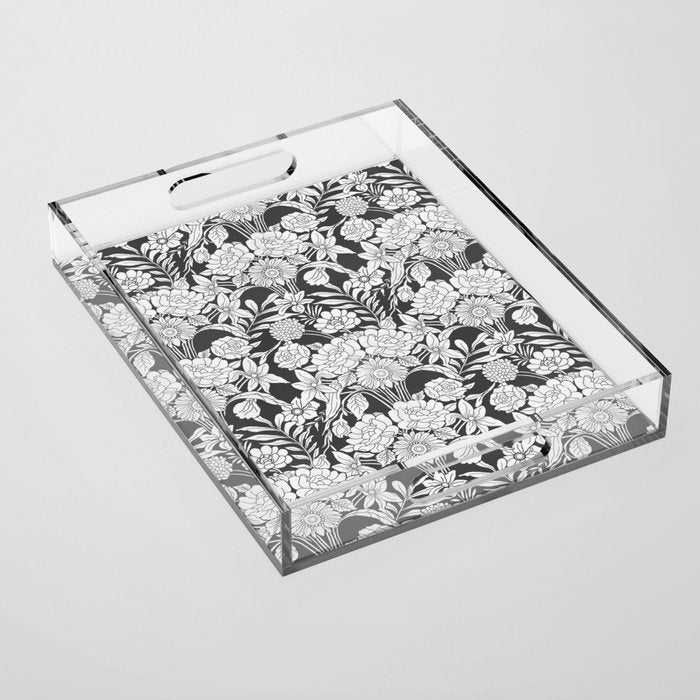 Vintage bohemian black white roses country floral Acrylic Tray Gallery Image 1