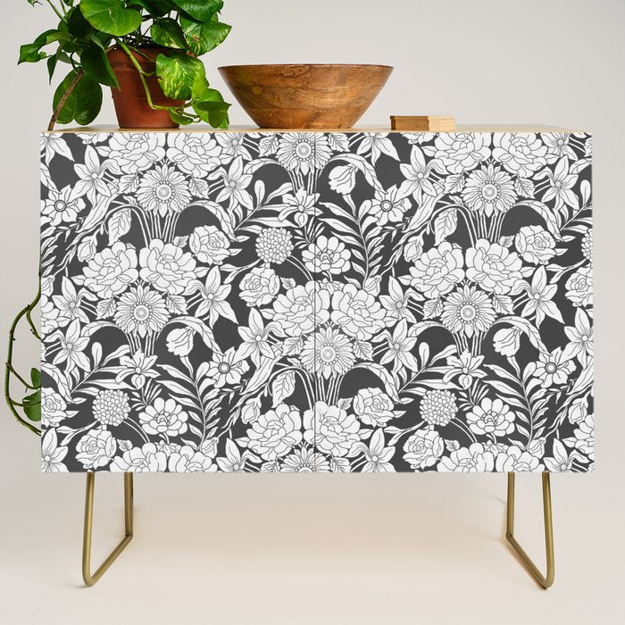 Vintage bohemian black white roses country floral Credenza Gallery Image 1